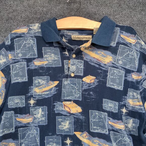 Munsingwear Men's Boat Print Polo Shirt Blue Large Compass Nautical 100% Cotton - Picture 3 of 12